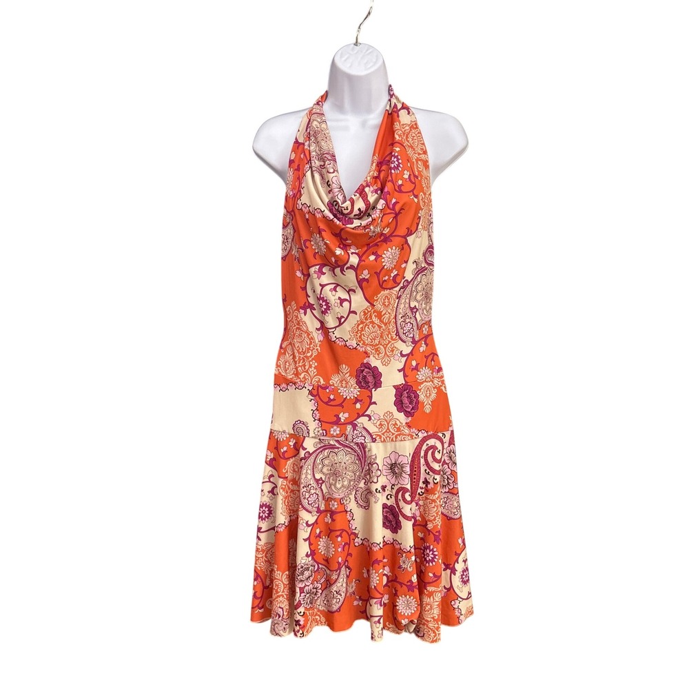 Y2K Ruby Halter Dress Boho Retro Psychedelic Paisley Drop Waist Cowl Neck L